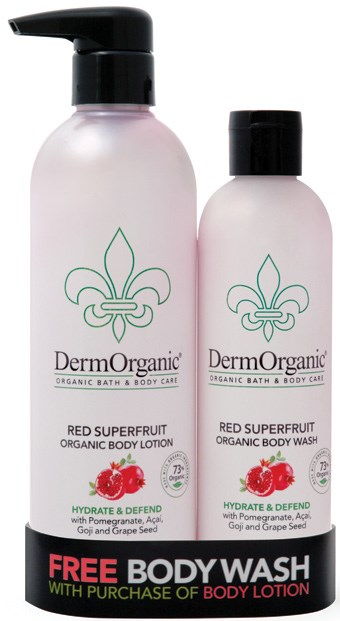 Dwie butelki DermOrganic Red Superfruit organicznych produktów do ciała, lotion i mydło, z granatem i goji.
