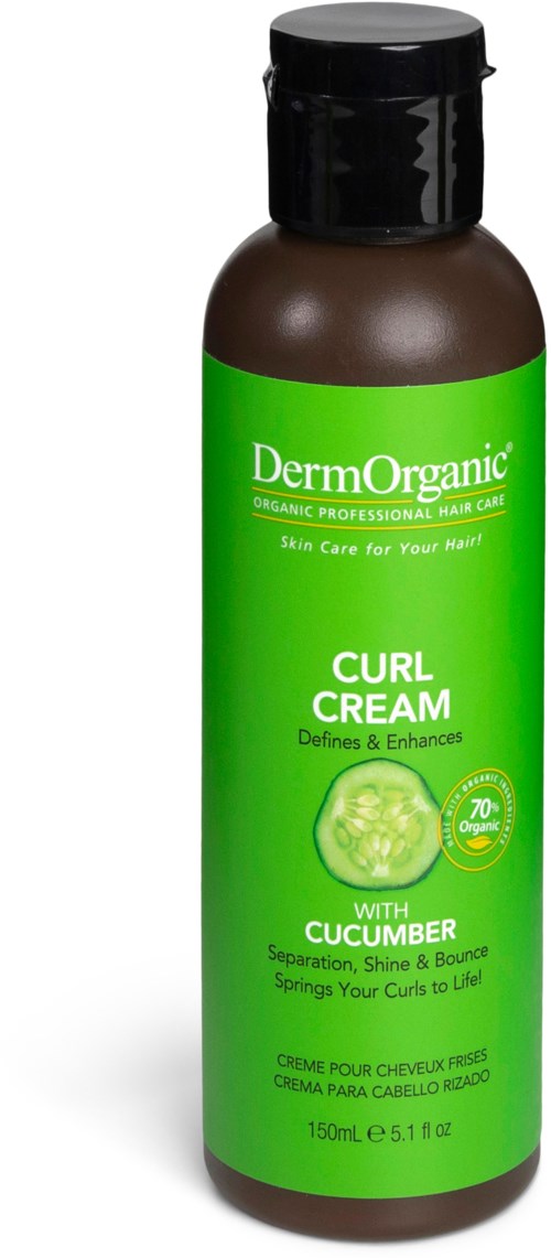 En grønn flaske merket Dermo Organic Curl Cream med agurk, for hårstylingsformål.