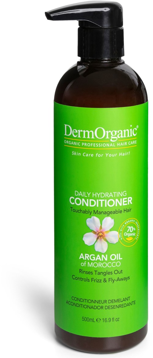 En grønn flaske Derm Organic arganolje-balsam for håndterbart, sunt hår som kontrollerer bust og flukt. 