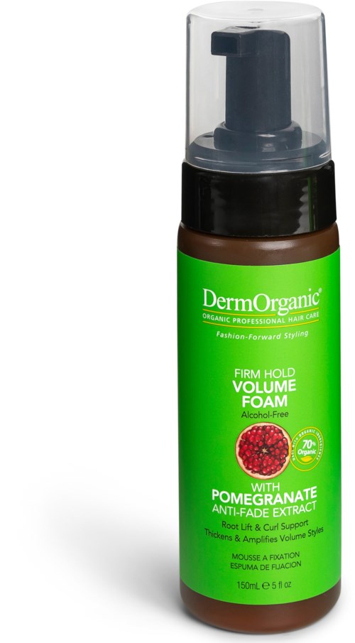 A brown bottle with a black pump and transparent cap, labeled with green and white for hair volume foam with pomegranate.