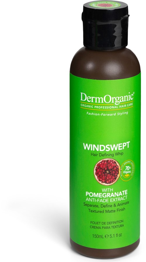 En grøn flaske med Dermo Organic Wind Swept hårdefinerende cremen med granatelextrakt, 150 ml, til styling.