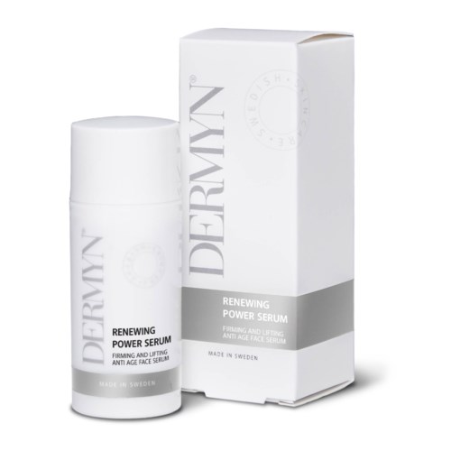 Valkoinen pullo ja laatikko Derma N Power Serum -tuotteelle, joka on tarkoitettu ihon kohotukseen ja kiinteytykseen, valmistettu Ruotsissa.
