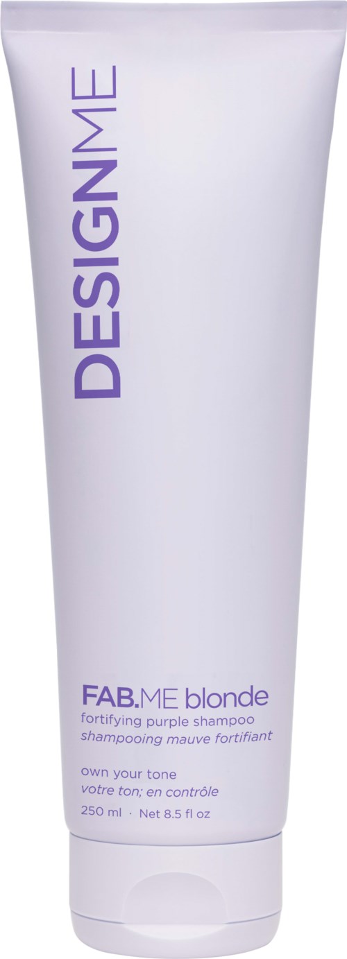A white tube of 250ml shampoo with purple text, titled 'FAB.ME blonde,' designed for strengthening purple hair.