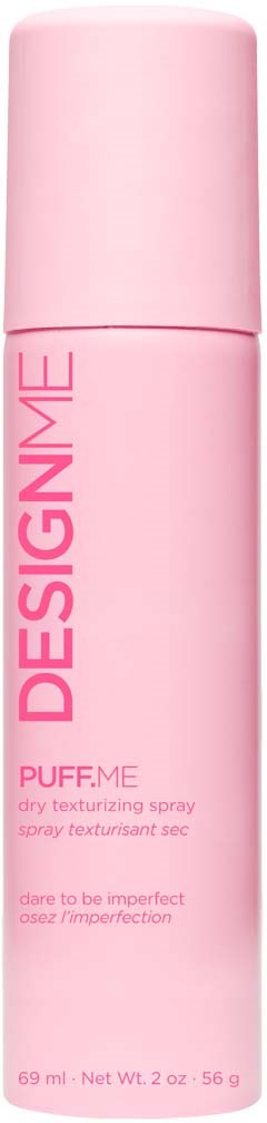 Pink spray can labeled 'DESIGNME PUFF.ME' for dry texturizing hair spray.