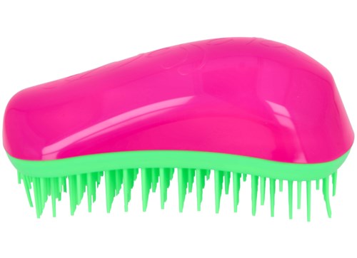 En rosa og grønn skoborste med plastbørster og buet design.