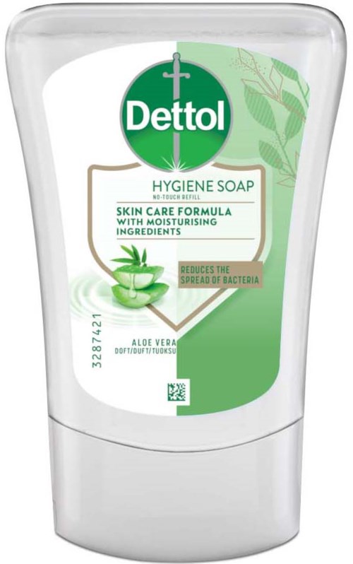En hvid flaske med Dettol hygiejne sæbe med grønne etiketter, aloe vera billede og tekst om hudpleje og bakteriereduktion.