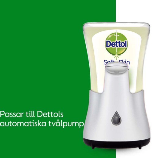 Dettol sæbe med automatisk sædepumpe, grøn og hvid, mærket 'Soft Skin'.