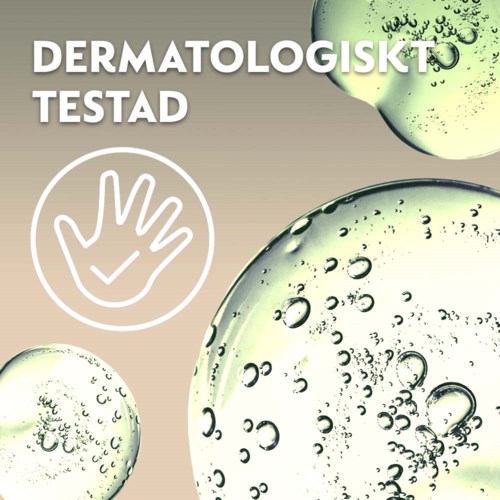 Etikett for et hudpleieprodukt med hvit tekst, bobler og et håndsymbol som indikerer dermatologisk testing.