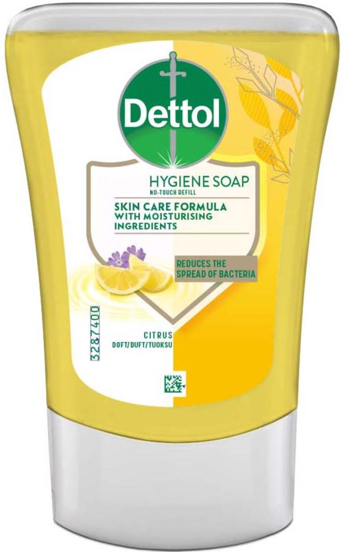 Gul og hvit flaske med Dettol-logo, sitrusduft og etiketter om hygiene såpe og hudpleie.