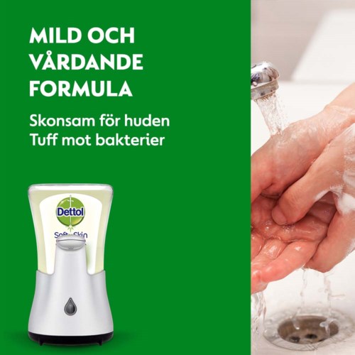 Green background with white text about mild and caring formula for skin, aimed at gentle cleaning and bacteria removal. Image of a hand washing.