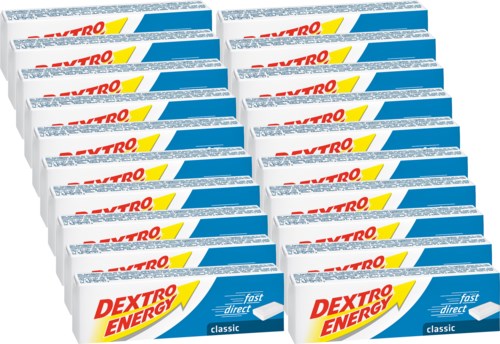 Flere pakker av Dextra Energy-drivstofftabletter arrangert i 3 rader og 4 kolonner.