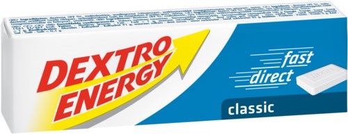 En eske Dextro Energy-tabletter med blå og hvit design, viser rask levering og klassisk smak.