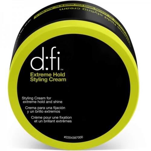 Et rundt beholder med svart midten og gulgrønn kant, merket som d:fi Extreme Hold Styling Cream.