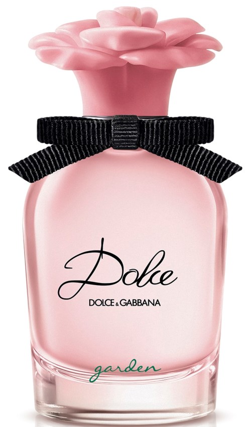 En rosa parfymflaska formad som en blomma med svart band, märkt 'Dolce Garden' av Dolce & Gabbana.