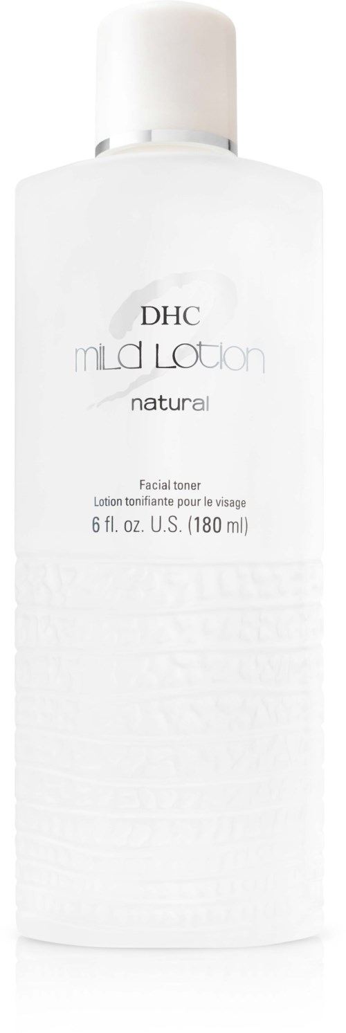 A white bottle of DHC mild lotion with a white cap, labeled as natural facial toner, 6 fl oz.