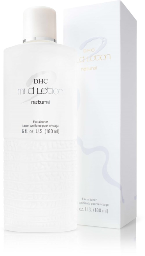 A white bottle of DHC mild lotion with a matching box, both labeled as facial toner, 180 ml capacity.