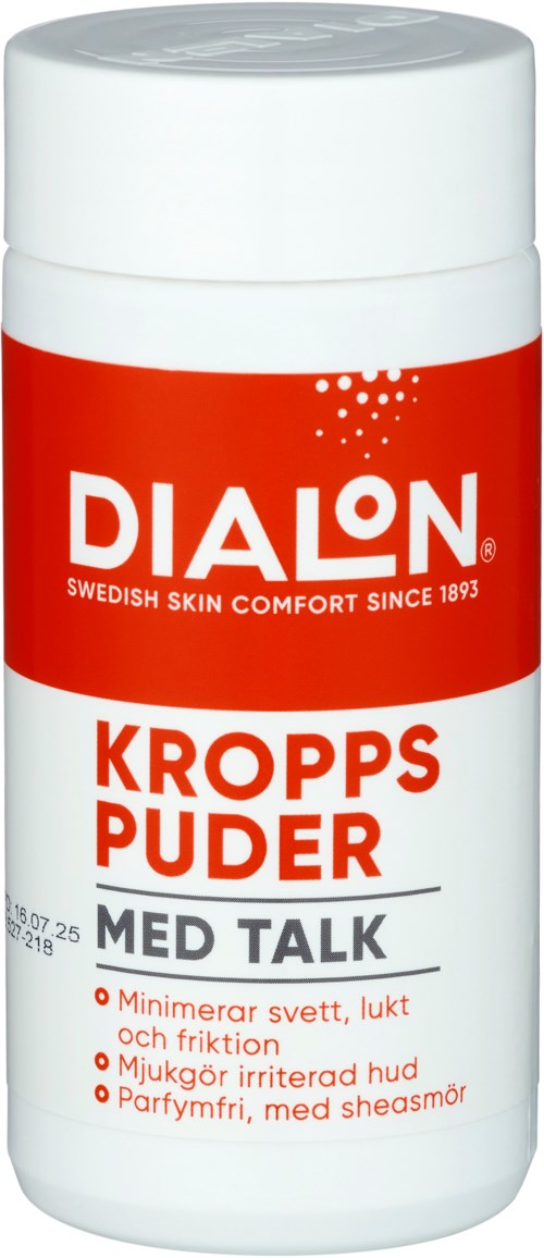 En hvit beholder med rød etikett viser Dialon kroppspudder for hudkomfort, med fordeler som reduserer svette, irritasjon og lukt.