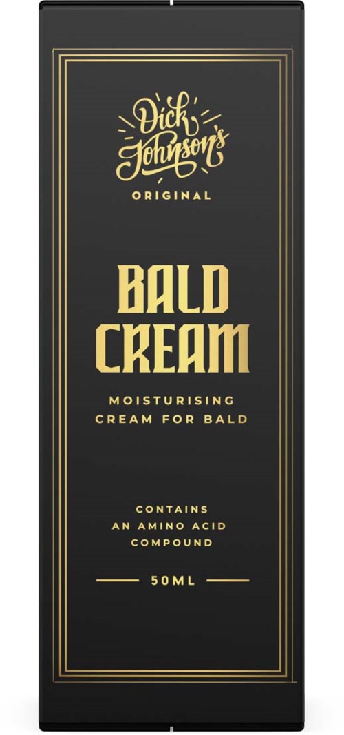 Eine schwarze Box mit goldenen Linien, beschriftet "Dick Johnson's Original Bald Cream," für die Pflege kahler Köpfe, 50 ml.