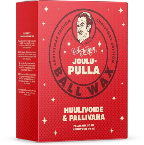 En röd box med en tecknad mans ansikte, julstjärnor och finsk text. Det är en julssoppa eller juice set.