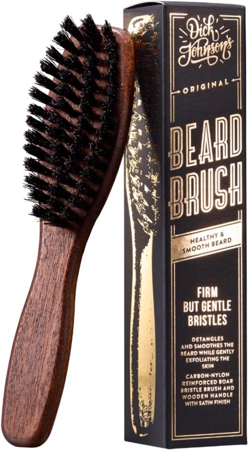 En trähandtag beardborste med svarta borststrån bredvid en svart förpackning som är märkt 'D&R Johnson Original Beard Brush'.