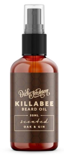 En liten brun flaska med spraylock märkt Killabee Beard Oil, doftande, Oak & Gin, 50ml.