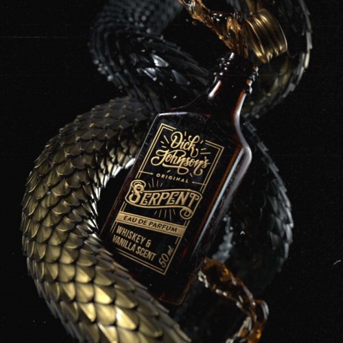 A small perfume bottle labeled 'Dick Johnson's Serpent' surrounded by a gold-colored snake.
