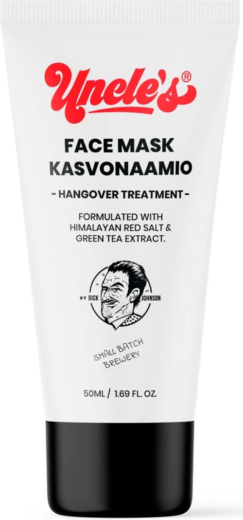 En hvit tube med svart hette merket 'Unele's Face Mask' for bakrus, med Himalayan salt og grønn te. Produktet er 50 ml.