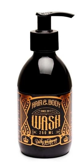 En svart flaska med pump, märkt som hår- och kroppstvätt, innehåller 250 ml produkt.