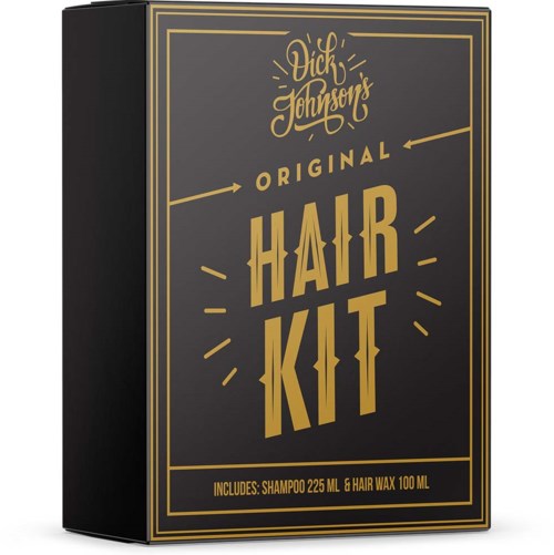 En boks med 'Dik Johnson's Original Hair Kit' indeholder shampoo og hårvoks, med guldfarvet og sort design.