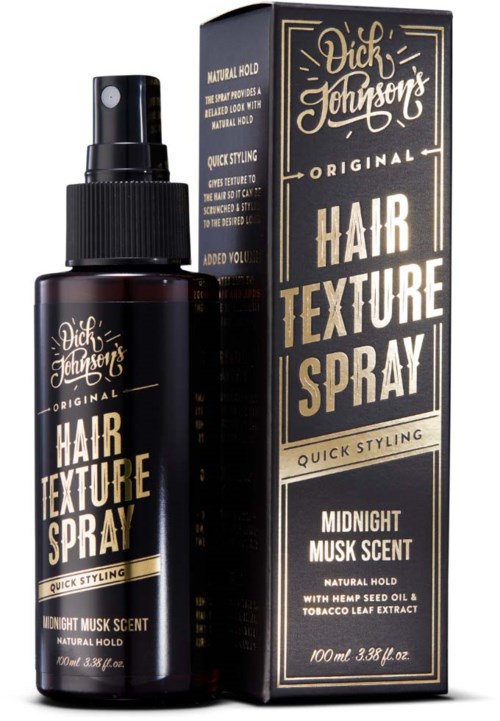 Eine schwarze Sprühflasche mit Aufdruck 'Dick Johnson's Original Hair Texture Spray' und eine passende Verpackung mit Produktdetails.