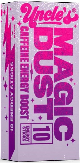 En rosa og lilla tegneserieaktig eske med fet tekst for Uncle's Magic Coffee Energy Boost-sticks.