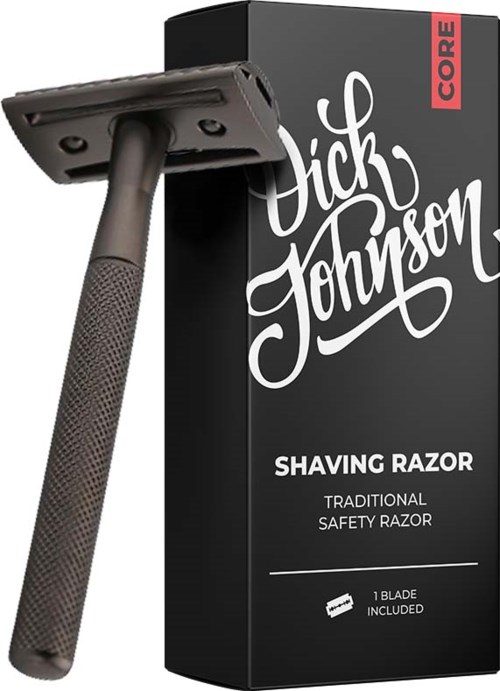 En sikkerhedsskraber med en tekstureret håndtag og en æske mærket "Dicky Johnson" til traditionel barbering.