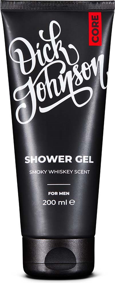 En svart tub med duschgel med vit och röd text, märkt "Dick Johnson" och "Smoky Whiskey Scent."