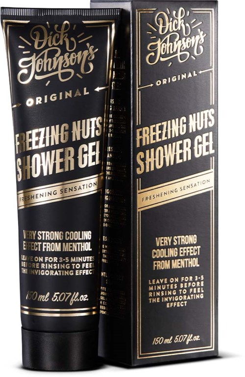A black tube and box for Dick Johnson's Freezing Nuts Shower Gel with gold and white text, emphasizing cooling and invigorating effects.