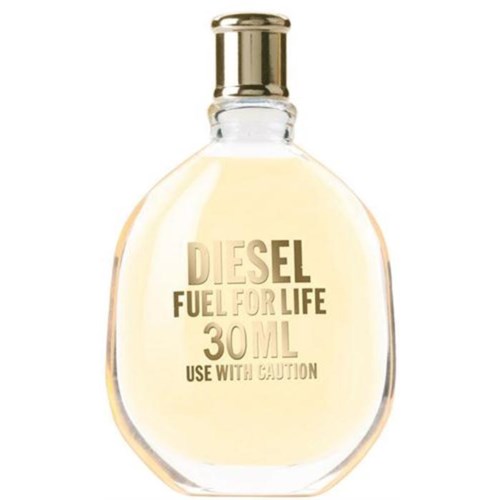 En tydlig parfymflaska med guldkapsel, märkt 'Diesel Fuel for Life 30ML'.