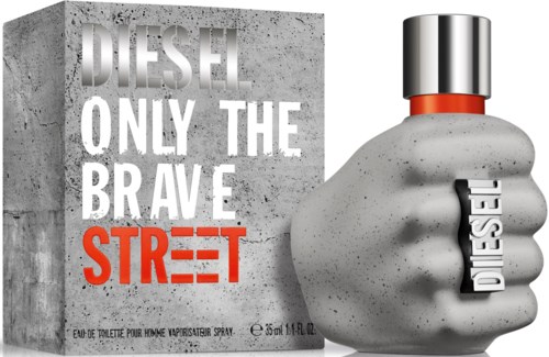 Diesel Parfümflasche neben einer Beton-Box mit Text, lebendige Rot- und Metallfarben, fetter Schrift.