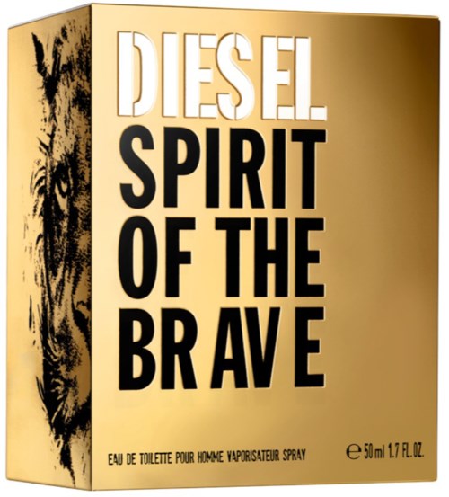 Diesel-parfymbox med svart text: "The Spirit of the Brave". Guld bakgrund, innehåller 50 ml spray.