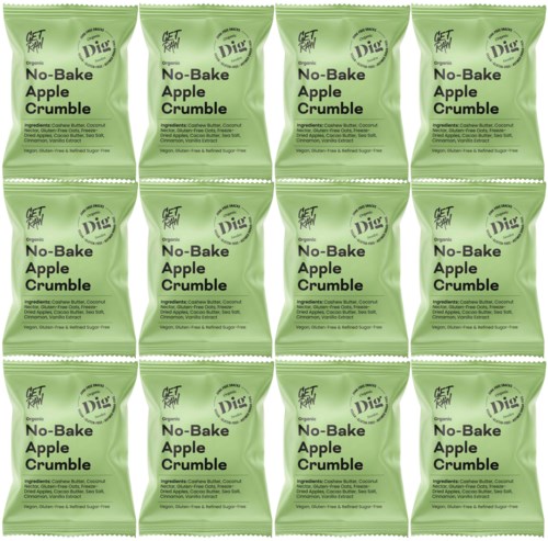 Vihreitä pakkauksia No-Bake Apple Crumblelle, ainesosaluettelo. Kaksitoista pussia riveissä, 4 riviä ja 3 saraketta.