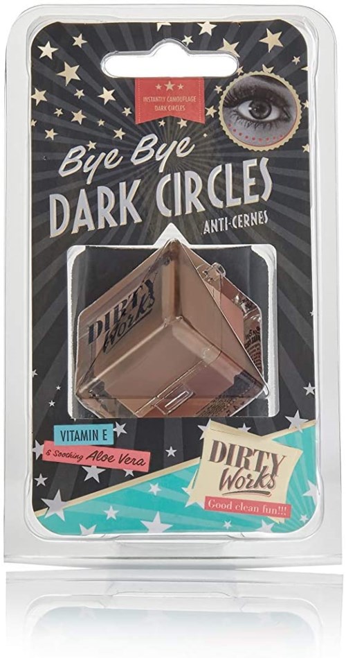 En mörk cirkelformad anti-cerne kosmetikprodukt med Vitamin E och Aloe Vera, i ett pyramidformat förpackning, på glansig förpackning.