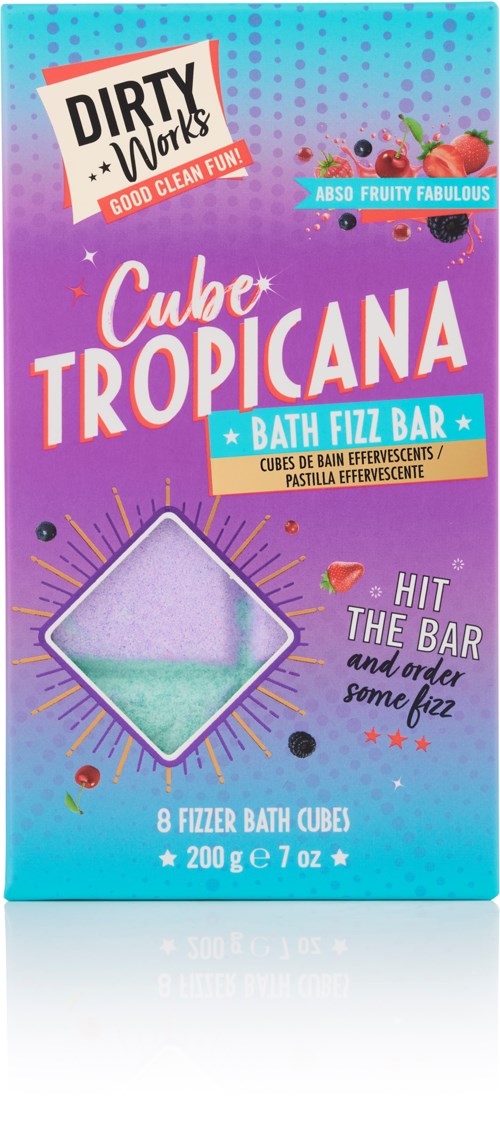 Värikäs laatikko, jossa on kylpykuulia nimeltä Cube Tropicana, tuotanto Dirty Works, trooppinen teema ja hauska teksti.