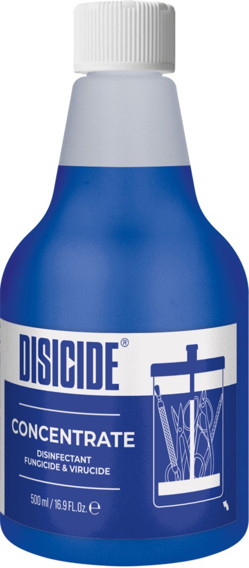 Niebieska butelka z białym korkiem, etykieta mówi 'Disicde Concentrate,' środek dezynfekujący, grzybobójczy i wirusobójczy. 500 ml.