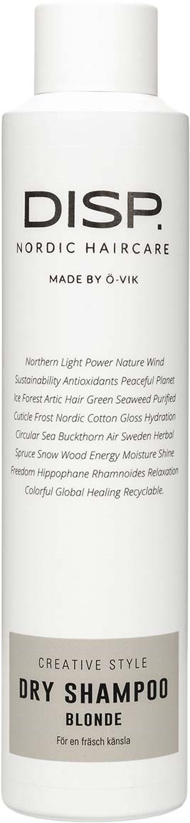 En lang hvit flaske merket 'DISP Dry Shampoo Blonde' for blondt hår, med enkel design og hvit lokk.