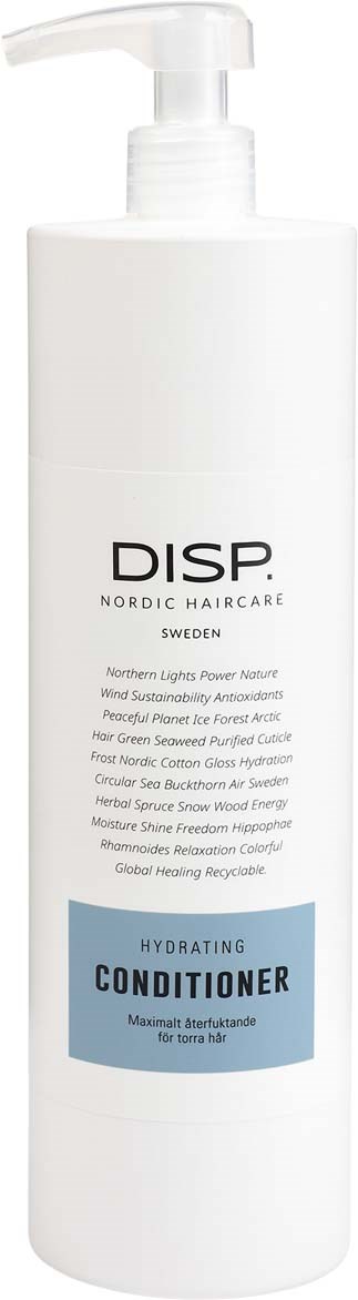 En hvit flaske med pumpe, merket som fuktighetsgivende balsam for hår. Den er fra DISH Nordic Haircare, Sverige.