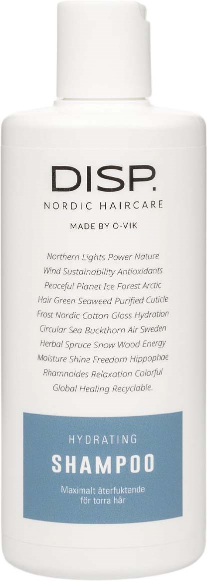 En hvit flaske merket 'DISP' med en blå etikett for fuktighetsgivende sjampo. Den nevner nordisk hårpleie og ulike naturlige ingredienser.