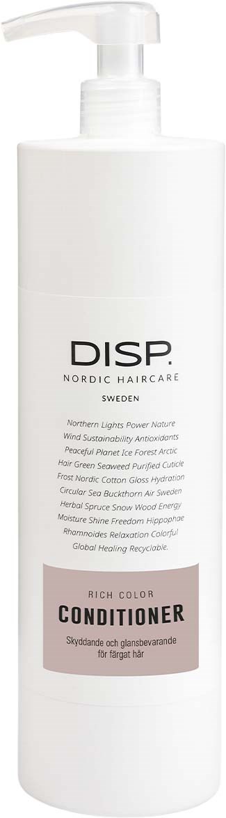 En vit flaska med DISH Nordic Haircare balsam med pump, märkt för rik färg och glänsande hår.