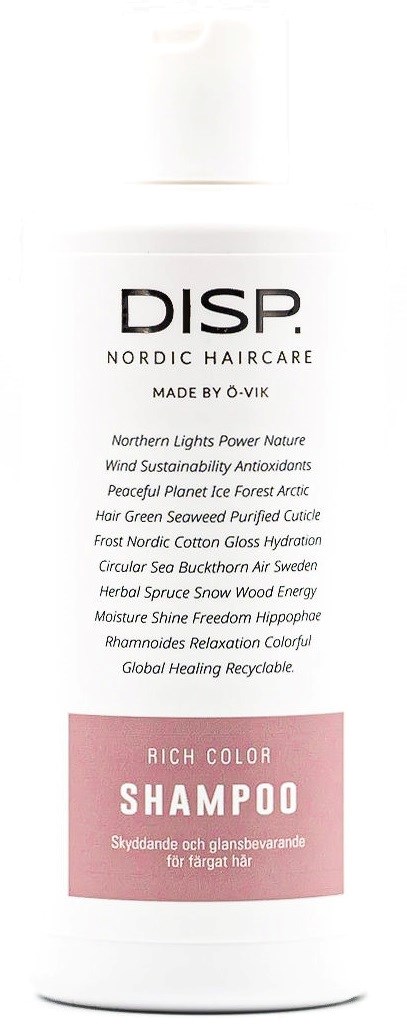 Disp Nordic Haircare sjampo flaske med produktdetaljer og fordeler oppført.