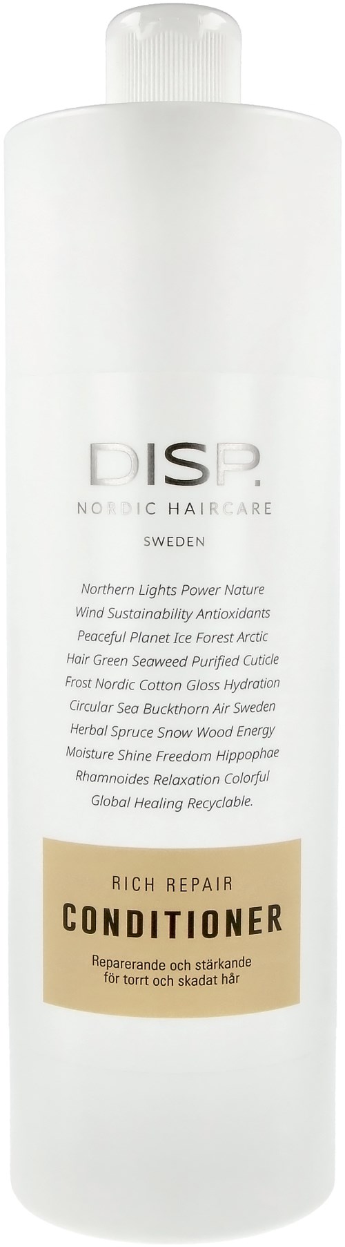 En lang hvit flaske merket 'Rich Repair Conditioner' med tekst om hårpleie og naturlige ingredienser.