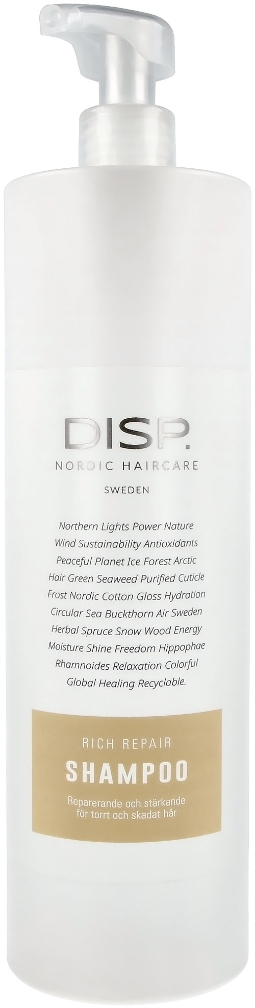 En hvit flaske med pumpe merket 'Rich Repair Shampoo' for hårpleie.