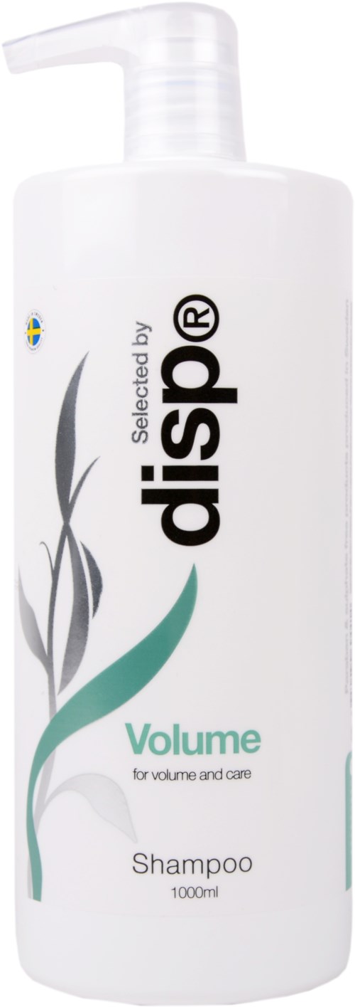 En hvit sjampo-flaske med pump, merket 'dispop', inneholder ordet 'Volume' og 'for volum og pleie', har 1000 ml.