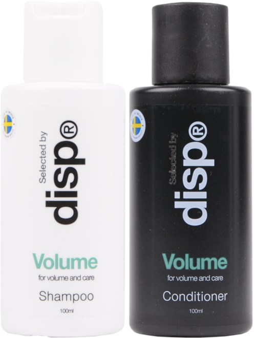 To små flasker, én hvit for sjampo og én svart for balsam, begge merket 'Volume' og 100 ml.